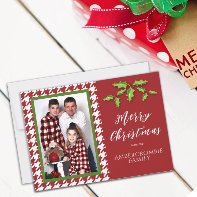 Cartão De Festividades Uma foto de Red e White Houndstooth (Red & White Houndstooth Christmas Card)