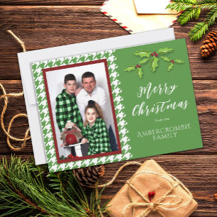 Cartão De Festividades Uma Foto Green e White Houndstooth