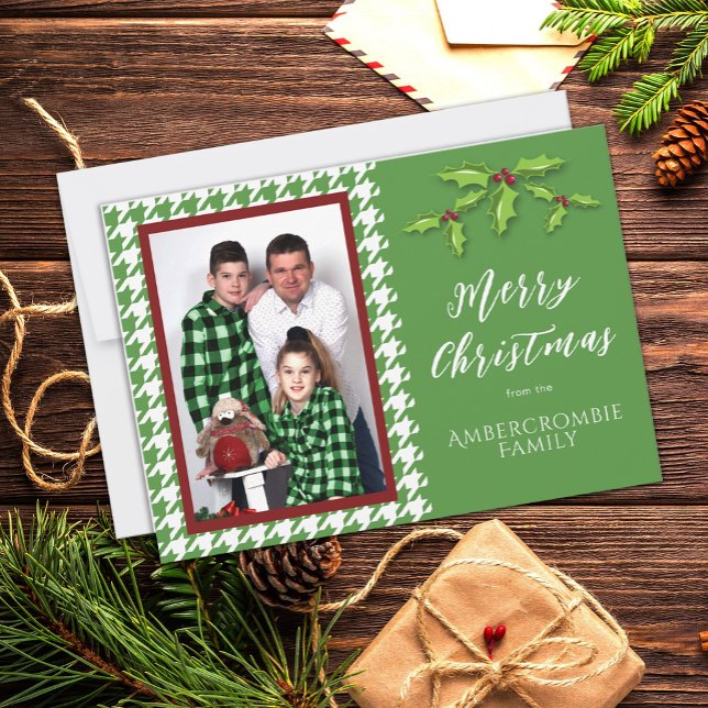 Cartão De Festividades Uma Foto Green e White Houndstooth (Green & White Houndstooth Christmas Card)