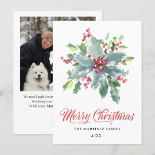 Cartão De Festividades UMA FOTO Holly e Berry Watercolor Greenery 2022