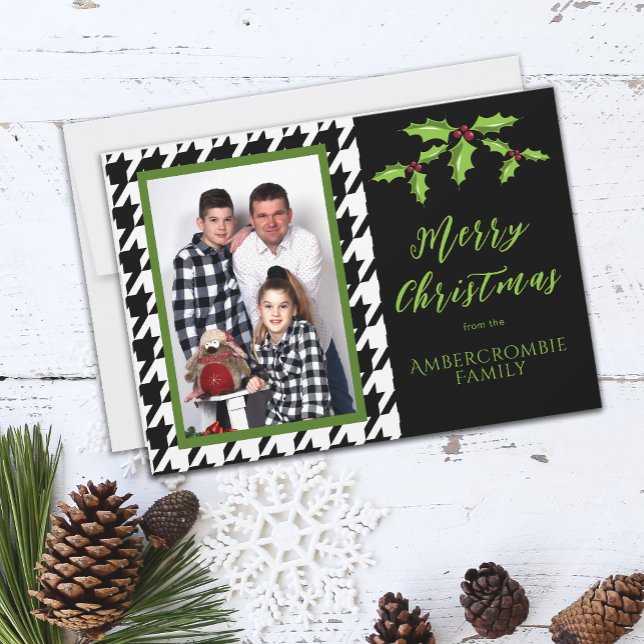 Cartão De Festividades Uma foto, preto e branco, (Black & White Houndstooth Christmas Card)