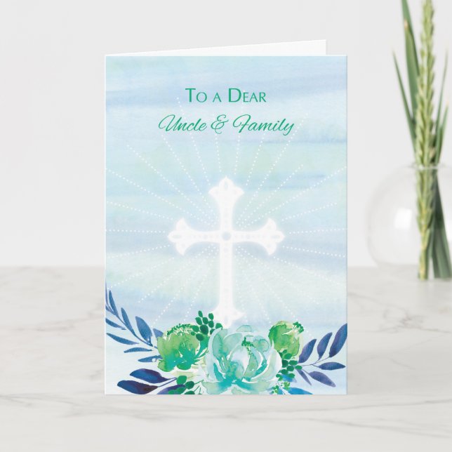 Cartão De Festividades Uncle & Family Teal Blue Flowers with Cross Easter (Frente)