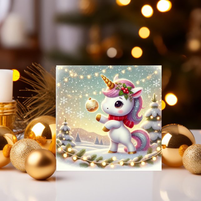 Cartão De Festividades Unicórnio com Bola de Natal Brilhante (Criador carregado)