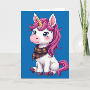 Cartão De Festividades Unicórnio Cor-De-Rosa, Vestindo Um Scarf Xadrez Es