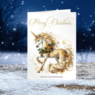 Cartão De Festividades Unicórnio de Natal Branco e Dourado Elegante