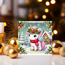 Unicórnio em uma Casa de Inverno Festiva