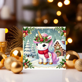Cartão De Festividades Unicórnio em uma Casa de Inverno Festiva