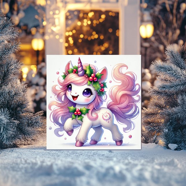 Cartão De Festividades Unicórnio Feliz com Mirtilos de Natal (Criador carregado)