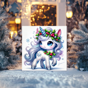 Cartão De Festividades Unicórnio Floco de Neve com Detalhes Azuis Congela