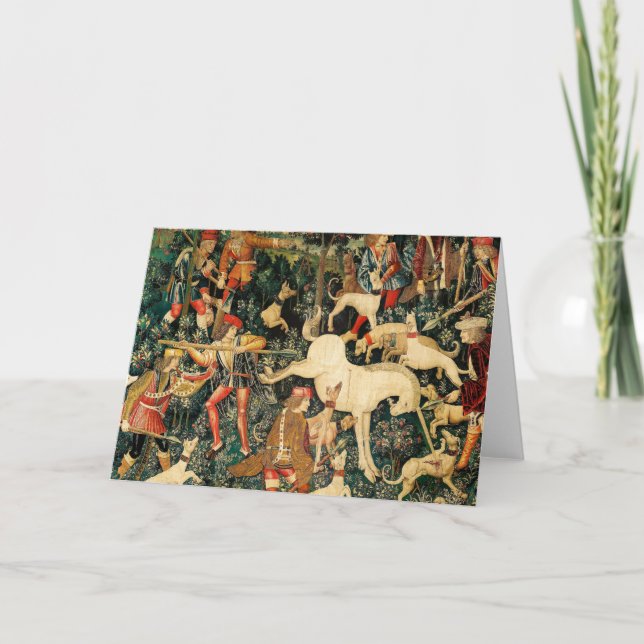 Cartão De Festividades Unicórnio Tapestries Clássico Medieval Defende Caç (Frente)
