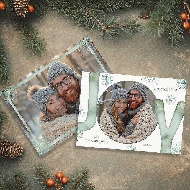 Cartão De Festividades Unleash the JOY Modern Green Script Photo (Unleash the JOY Modern Green Script Photo Holiday Card)