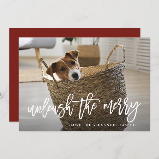 Cartão De Festividades Unleash the Merry Script Cute Dog Photo (Frente/Verso)