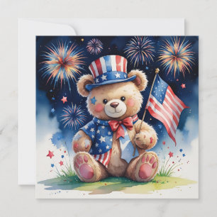 Cartão De Festividades Ursa patriótica de 4 de julho em aquarela