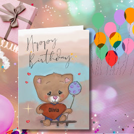 Cartão De Festividades Ursa Teddy Caprichosa Coração e Balão Aniversário