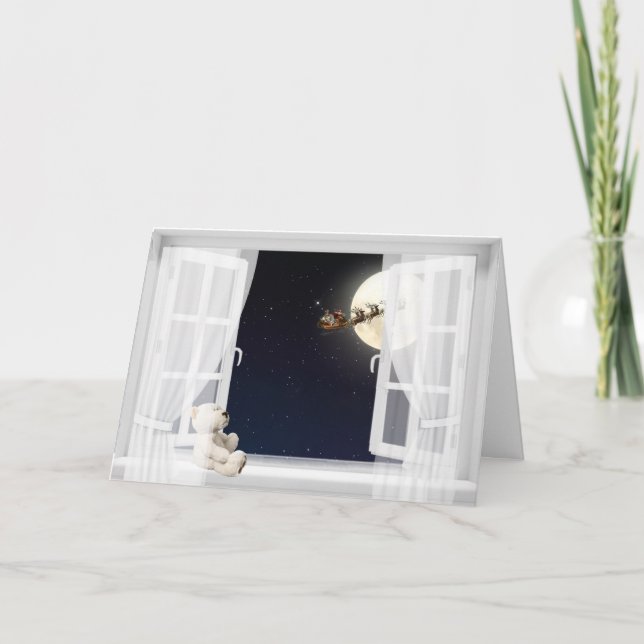 Cartão De Festividades Ursinho de Natal na janela (Frente)