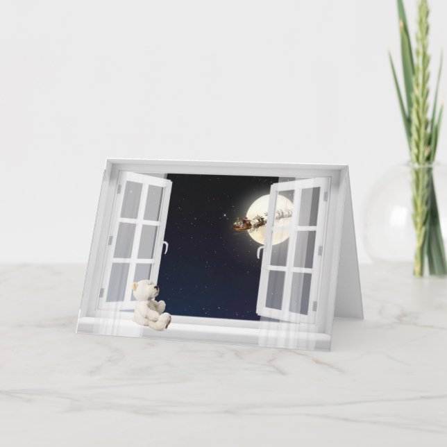 Cartão De Festividades Ursinho de Natal na janela (Frente)