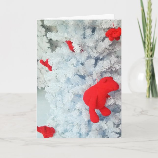 Cartão De Festividades Ursinho Vermelho na Árvore de Natal (Frente)