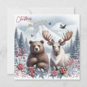 Cartão De Festividades Urso, alce e natureza linda no Natal