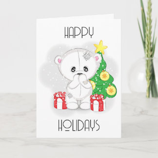 Cartão De Festividades Urso Branco Fofo com Árvore de Natal