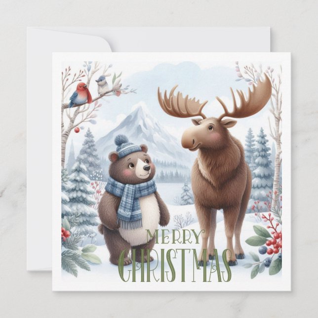 Cartão De Festividades Urso, cervo e pássaros na natureza (Frente)