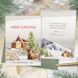 Cartão De Festividades Urso de Natal de Cabana de Inverno em Aquarela Rús