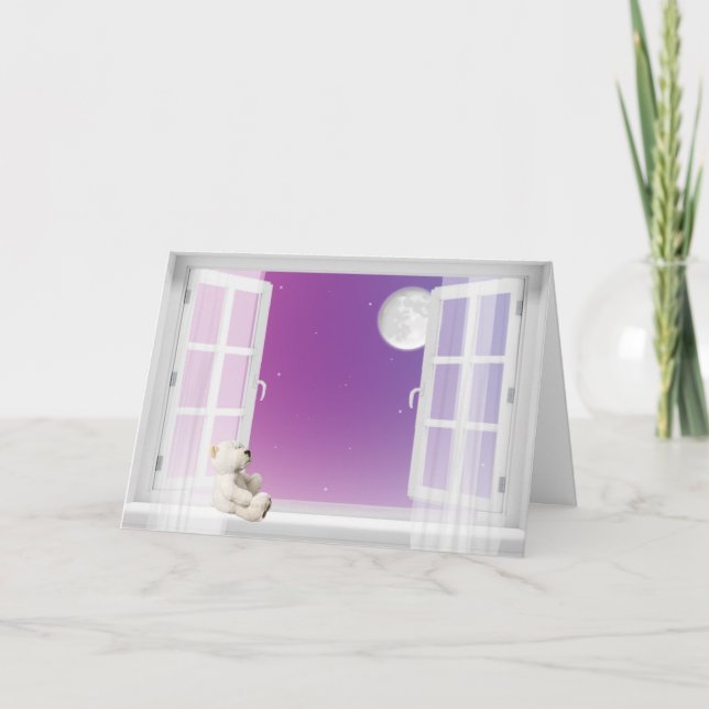 Cartão De Festividades Urso de pelúcia na janela pensando em você (Frente)