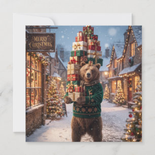 Cartão De Festividades Urso de Suéter de Natal Segurando Presentes