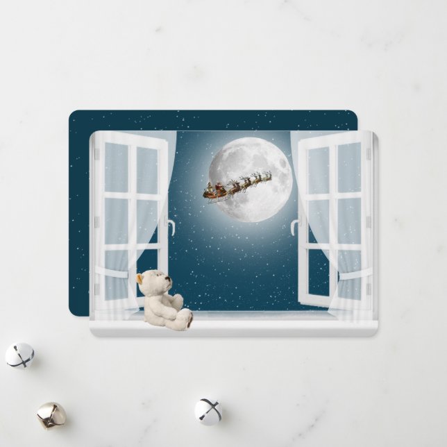 Cartão De Festividades Urso de Teddy de Natal na Janela (Frente/Verso In Situ)