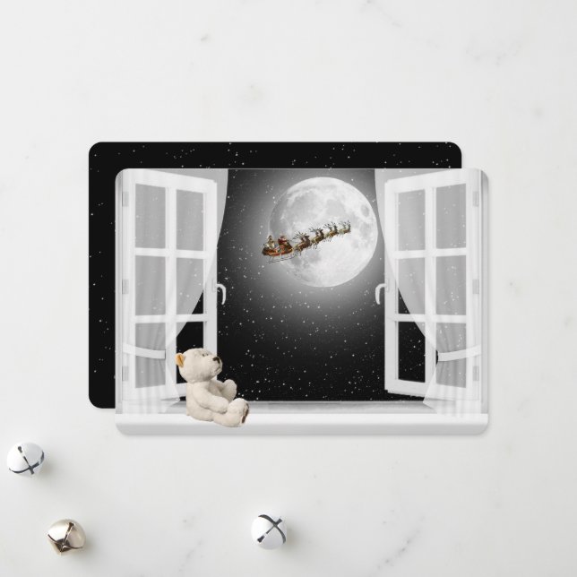 Cartão De Festividades Urso de Teddy de Natal na Janela (Frente/Verso In Situ)