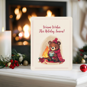 Cartão De Festividades Urso Inverno Cozy com Lareira de Natal