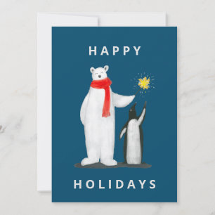 Cartão De Festividades Urso & Pinguim em Fundo Azul 
