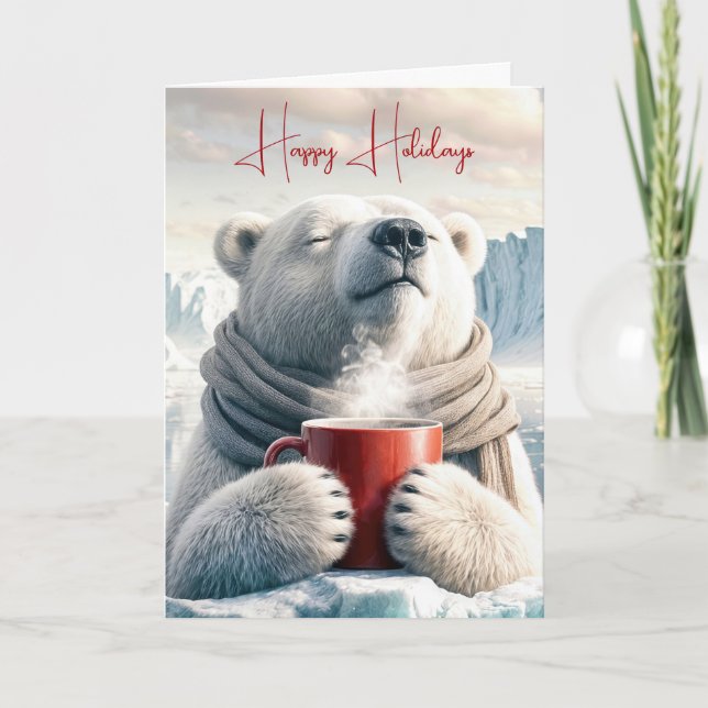Cartão De Festividades Urso Polar De Natal Com Mug De Café Vermelho (Frente)