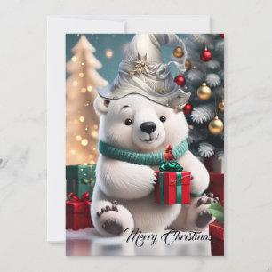 Cartão De Festividades Urso polar de natal fofo e fofo com presente.