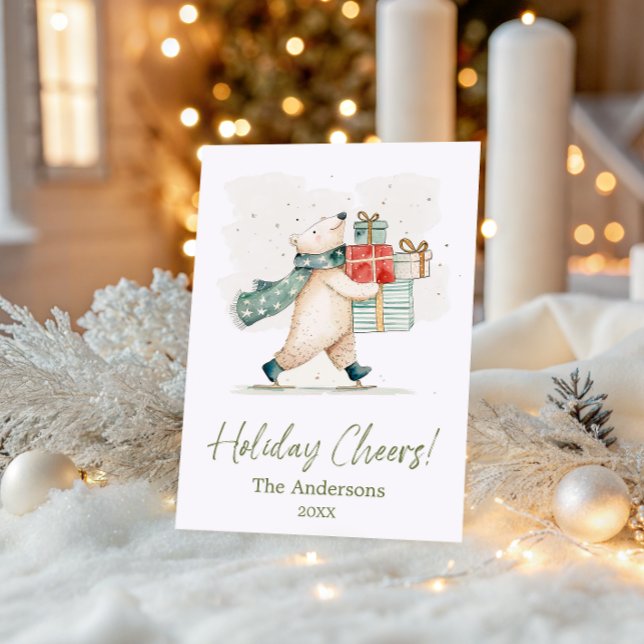 Cartão De Festividades Urso Polar Fofo com Presentes Aquarela Alegria (Criador carregado)