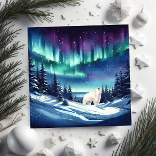 Cartão De Festividades Urso Polar hipnotizado pelas Luzes do Norte