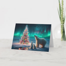Cartão De Festividades Urso Polar Mãe Cubs Árvore De Natal Aurora Boreali