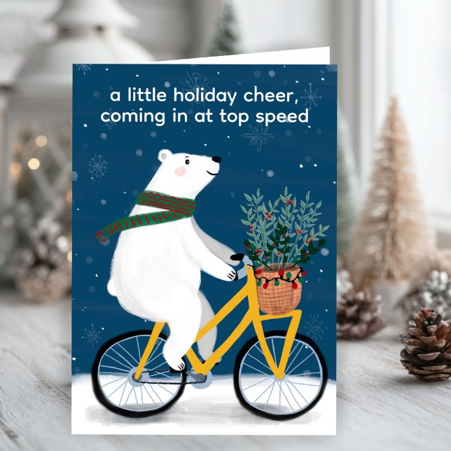 Cartão De Festividades Urso Polar na Bicicleta Engraçado, Personalizado n (Polar Bear on Bike Funny Cute Christmas Custom Holiday Card - personalize the text on inside
)