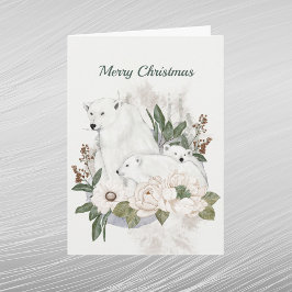 Cartão De Festividades Ursos Polares Branco de Natal Floral Aquarela