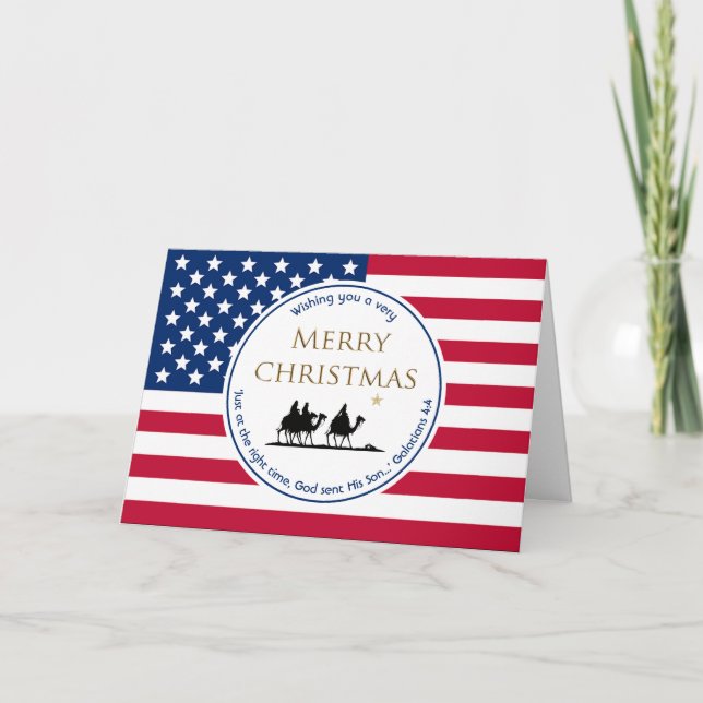Cartão De Festividades USA FLAG Three Wise Men Scripting CHRISTMAS (Frente)