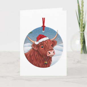 Cartão De Festividades Vaca Alta Escocesa Fofa no Natal Chapéu de Papai