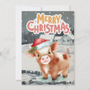 Cartão De Festividades Vaca com Cena Noturna de Inverno de Chapéu de Papa