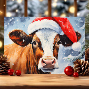Cartão De Festividades Vaca com chapéu de Papai Noel Natal engraçado