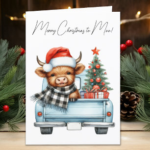 Cartão De Festividades Vaca das Terras Altas Caminhão Azul Vintage Feliz