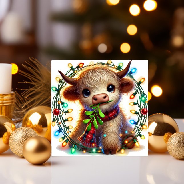 Cartão De Festividades Vaca das Terras Altas com visco e luzes de Natal (Criador carregado)