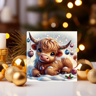 Cartão De Festividades Vaca das Terras Altas Descansando em um Natal Neva