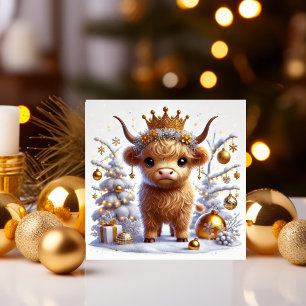 Cartão De Festividades Vaca das Terras Altas do Natal Coroa Dourada