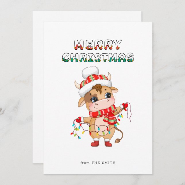 Cartão De Festividades Vaca de Natal bonita vestindo roupa de inverno (Frente/Verso)