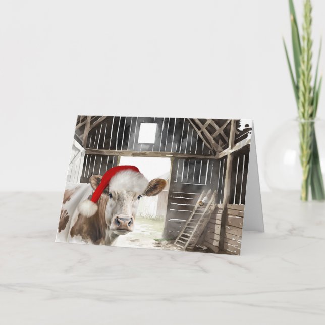 Cartão De Festividades Vaca de Natal Hereford com Santa Hat (Frente)