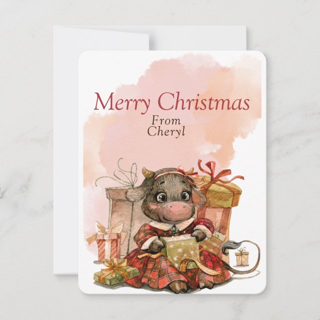 Cartão De Festividades Vaca em Aquarela Fofa (Frente)