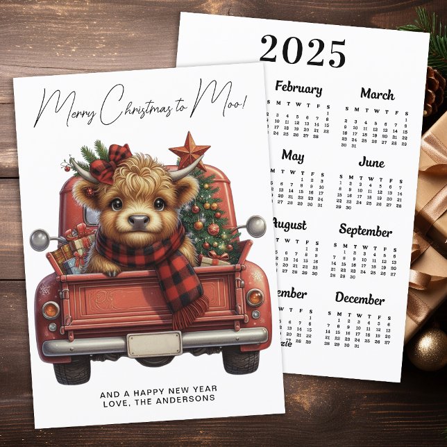 Cartão De Festividades Vaca Highland 2025 Calendar Red Truck Natal (Criador carregado)